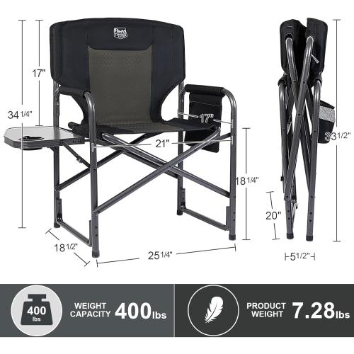 TIMBER RIDGE Aluminum Oversized Camping Chair, Lightweight Portable Directors Chair with Side Table Detachable Side Pocket for Outdoor Camping, Lawn, Picnic, Support 400lbs Black