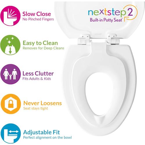 Mayfair NextStep2 Slow-Close Toilet Seat with Built-In Toddler Potty Training Seat, Removable, White, Elongated