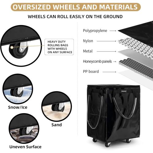 (Large, Black) Reusable Grocery Bag on 5 Wheels, Foldable Rolling Tote Carries Up to 76lb Shopping Trolley, Rolling Bag with 3 Handles, Zipper Clouser Rolling Tote Bag with Wheels for Laundry