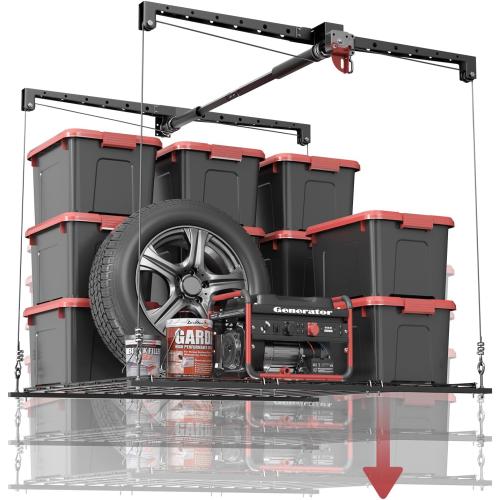 Overhead Garage Storage Rack for 8-10 FT Ceiling, Heavy-duty 4x4 FT Ceiling Storage Racks with Safety Lock, Ideal for Garage Storage Mounted Lift System and Storage Organizer, 250lbs Capacity