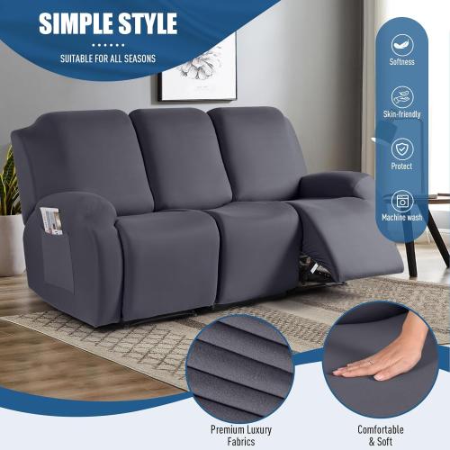 TAOCOCO Recliner Sofa Slipcover, 3 Pieces Polyester Fabric Stretch Sofa Covers for 3 Seat Reclining Couch, Soft Washable Furniture Protector with Pockets (3 Seat, Dark Gray)
