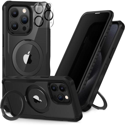CENHUFO Privacy for iPhone 15 Pro Max Case, Full Body Phone Case [Compatible with Magsafe] Built-in 9H Tempered Glass Privacy Screen Protector and Magnetic Ring Stand, Clear Camera Lens Cover -Black