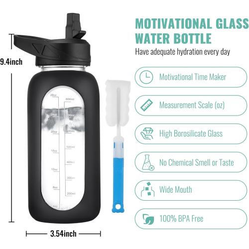 ARMY GREEN CIVAGO 40 oz Glass Water Bottle with Straw and Handle, Large Sports Motivational Water Bottle Flask with Time Marker and 2 Lids, Leakproof Water Jug Canteen with Silicone Sleeve for Gym,Apricot