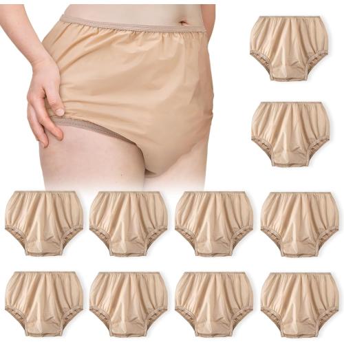 M 10 Pcs Adult Plastic Diaper Cover Pull-On Cover Plastic Pants Reusable Incontinence Waterproof Pants(Medium,Beige)