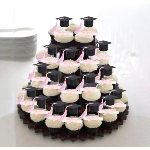24 PCS 2026 Graduation Cap Cupcake Toppers Pink Tassel Diploma Class of 2026 Congrats Grad Cap Cupcake Picks Mini Cap Chocolate Decorations for 2026 School Graduation Party Cake Decorations Supplies