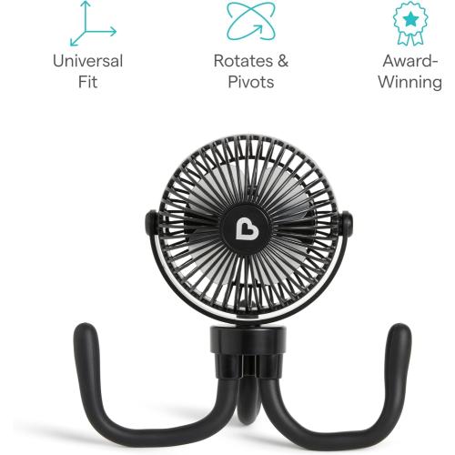 Munchkin Stroller Fan - Portable Fan for Travel, Baby Gear Accessory with 4 Speeds, Flexible Clip-on Leg Attachment, Rechargeable Battery, Black with Multicolored LED Lights