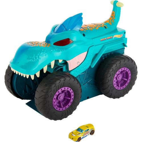 Hot Wheels Monster Trucks Car Chompin' Mega-Wrex, Large Toy Monster Truck & Toy Car, Eats & Poops 1:64 Scale Vehicles, Lights & Sounds