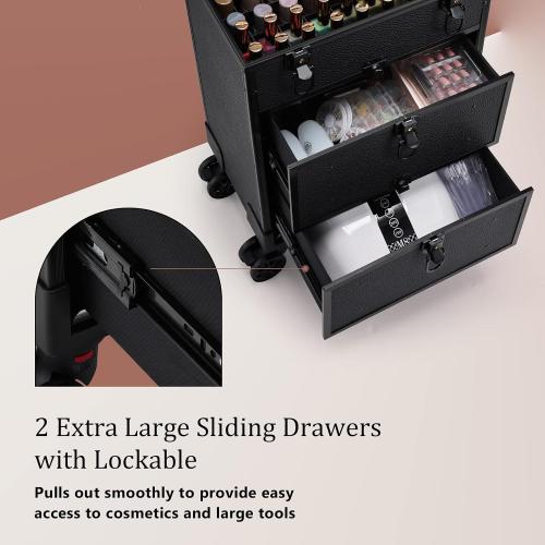 Size Medium Color Black Professional 3 in 1 Rolling Makeup Case Cosmetology Case on Wheels 2 Large Drawer Nail Case Trolley Traveling Cosmetic Train Case with Makeup Pouch for Artists Nail Technician Salon Cart Trunk Black