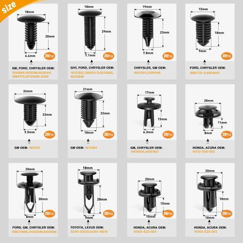 GOOACC 240PCS Bumper Retainer Clips Car Plastic Rivets Fasteners Push Retainer Kit 12 Popular Sizes Auto Push Pin Rivets Set -Door Trim Panel Fender Clips for GM Ford Toyota Honda Chrysler