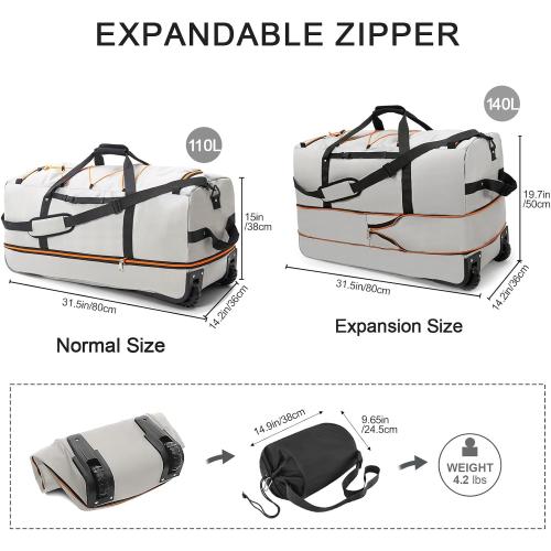 32” Soft Sided Foldable Duffel Bag without Telescopic Handle,110L 140L Expandable Rolling Travel Bag with 2 Wheels,Multiple Compartments,Grey