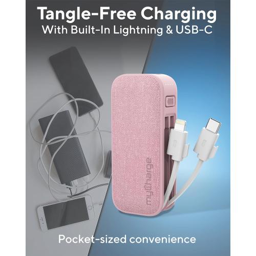 myCharge PowerHub Mini Portable Charger for iPhone - 3000mAh & Built in Cables (Lightning, Type C) 12W Turbo USB C Power Bank Fast Charging Battery Pack (Pink)