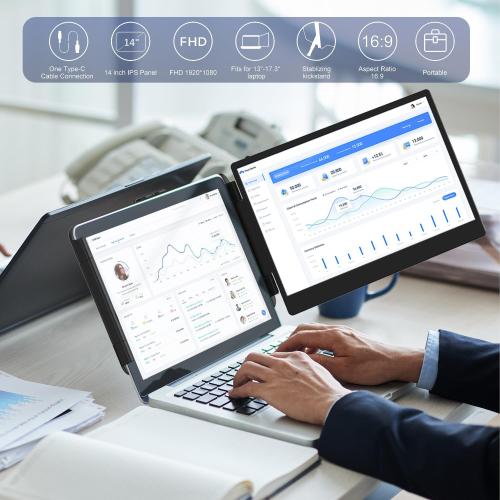 Black 14 Laptop Screen Extender, 14 FHD 1080P IPS Laptop Monitor Extender Dual Screen, Portable Monitor for Laptops 13-17 with USB-C/HDMI Port, Plug n Play for Windows/Mac/Android/Switch/PS5
