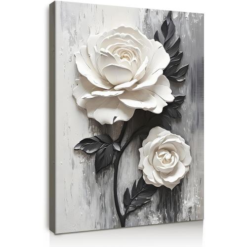 Framed Wall Art Canvas Wall Art White Rose Floral Framed Canvas Wall Single Piece Sculpture Wall Decor for Living Room Bedroom Office Modern Home Art Elegant Floral Art 12x16 Inch