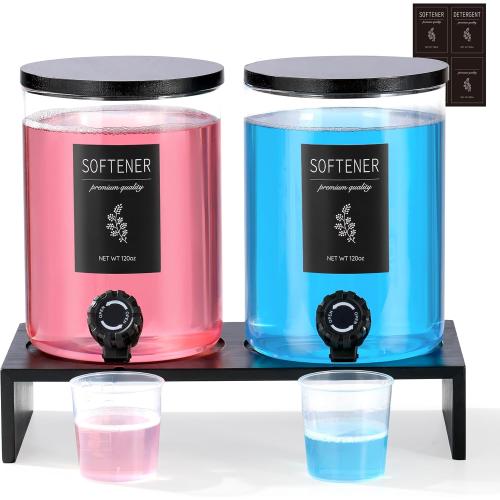 Glass Laundry Detergent Dispenser with Shelf & Black Bamboo Lid - 120 Oz Liquid Detergent, Laundry Soap & Fabric Softener Dispenser for Laundry Room Organization and Storage with 2 Cups & 8 Labels