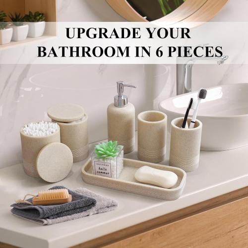 6-Piece Bathroom Accessories Set, Bathroom Accessory Set with Soap Dispenser, Toothbrush Holder Set, Vanity Tray, Tumbler & 2 Cotton Swab Jars, Modern Stylish Bathroom Organizer(Beige)