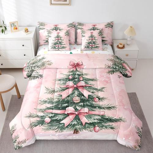 Cartoon Xmas Tree Bed in a Bag 7pcs for Girls Princess Christmas Bedding Set, Pink Bowknots Queen Size Comforter Set Happy New Year Festival Decorative Bedding Comforter Sets, Watercolor Bed Set