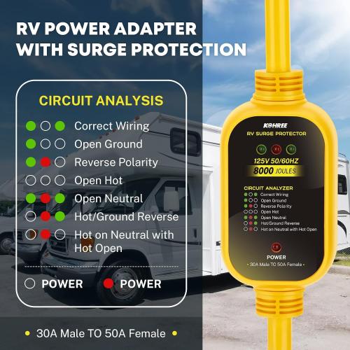 Kohree 30 Amp to 50 Amp RV Adapter with Surge Protection, 8000 Joules RV Surge Protector 30/50 Amp, Circuit Analyzer for Camper Trailer, NEMA TT-30P to NEMA 14-50R
