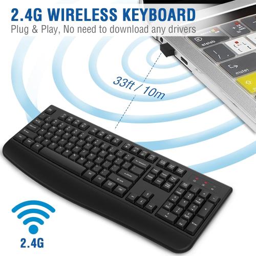 Wireless Keyboard, 2.4G Ergonomic Full Size Wireless Computer Keyboard with Wrist Rest for Windows, Mac OS Desktop/Laptop/PC（Black）