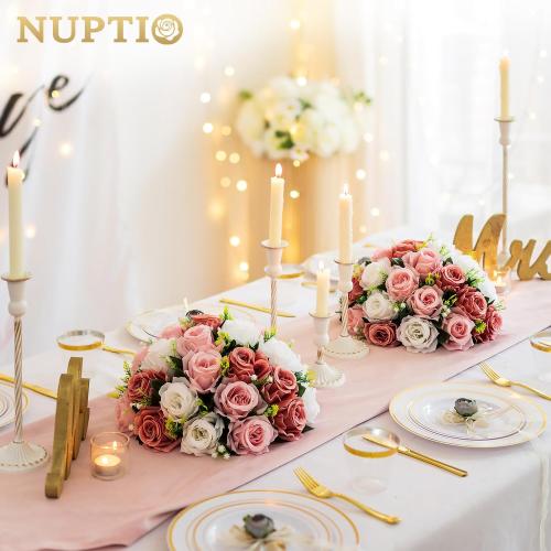 NUPTIO Large Flower Balls for Centerpieces - 2 Pcs 13.8in Diameter Dusty Rose & White Artificial Flower Ball Arrangement Bouquet Wedding Centerpieces for Tables - Fake Rose Flowers for Weddings Decor