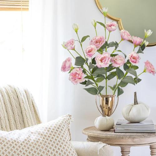 34.5 Pink Artificial Flowers Silk Fake Flower 3Pcs Eustoma Lisianthus Flowers with Long Stem Faux Flowers Arrangement Branch with 4 Heads for DIY Wedding Party Centerpiece Bouquet Table Home Decor
