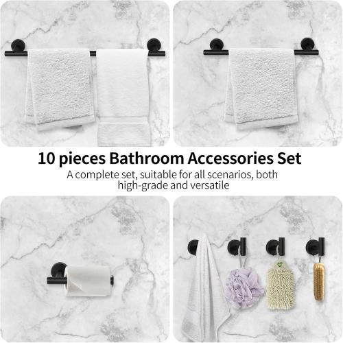 10PCS Matte Black Bathroom Hardware Set, Bathroom Accessories Set Include 24&16 inch Towel Bar, Robe Hook, Towel Ring, Toilet Paper Holder