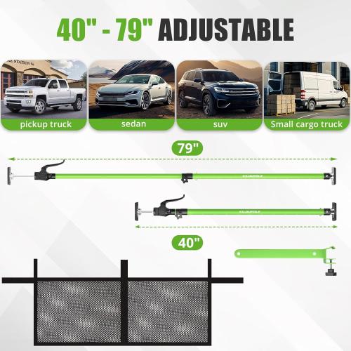 Adjustable Cargo Bar, 40 to 79 Non-Slip Truck Bed Divider, Cargo Bar for Pickup Truck Bed Cargo Bars for SUVs, Trailers, Vans, Comes with 2 Cargo Bars, 2 Dividers, 1 Cargo Net