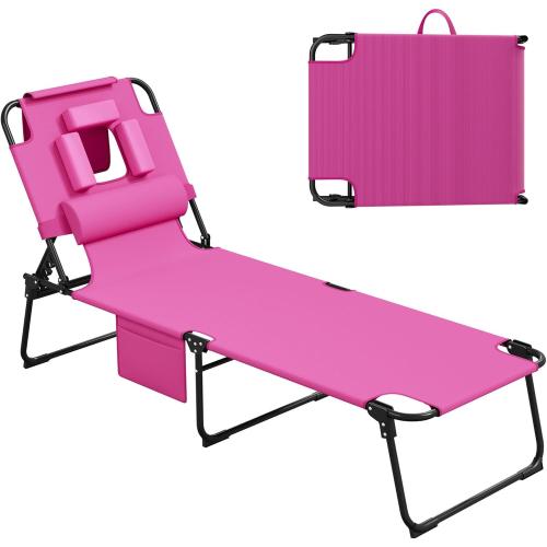 400lbs Tanning Chair with Face Hole, 5-Position Folding Chaise Lounge Chair with Side Pockets, Portable Beach Lounge Chair for Outdoor Sunbathing Patio Pool Lawn, Pink