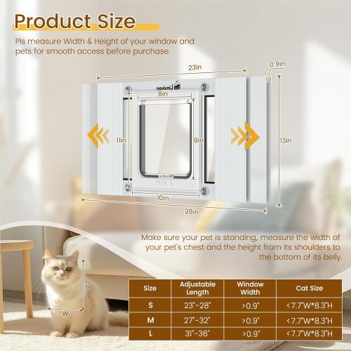 Cat Door for Window, Quick Installation Adjustable Width of 23-28, Cat Window Door with 4 Locking Modes, Magnetic Closure Design, Weatherproof Aluminum Frame Cat Door Window Insert
