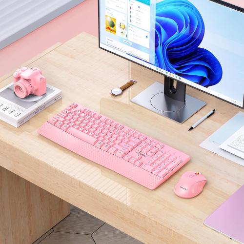 MEETION Wireless Keyboard and Mouse, Full-Sized Cordless Keyboard with Wrist Rest, 3 DPI Adjustable Mouse, Keyboard and Mouse Set with 2.4GHz USB Receiver, for PC/Computer/Laptop/Windows/Mac, Pink