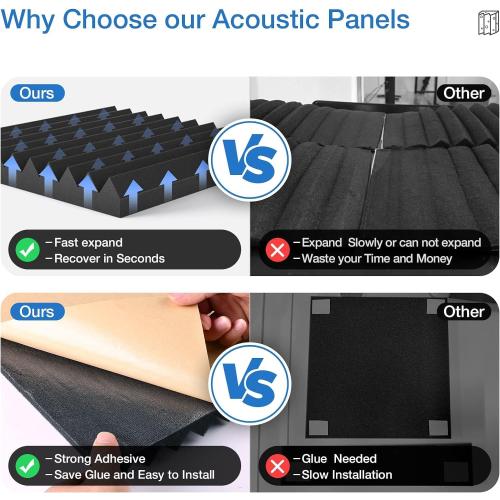 48 Pack Self-Adhesive Acoustic Panels - 1”X 12”X 12”Wall Panels - Quick-Recovery and High Density Sound Panels - Sound Proof Acoustic Foam for Home Studio - Black
