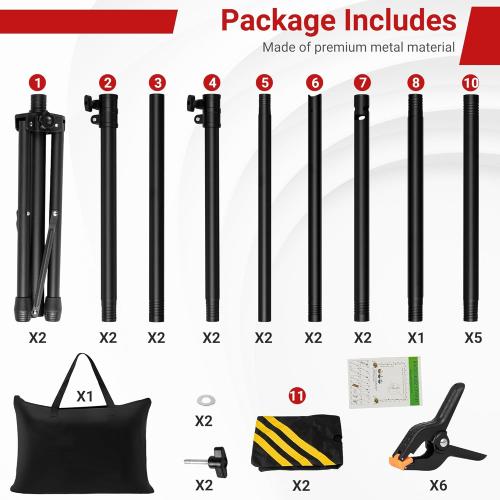 Color Black JSungo Backdrop Stand, Adjustable 10x7.5 FT Background Stand Backdrop for Parties, Photo Video Studio, Portable Photography Backdrop Stand with Carrying Bag, 6 Backdrop Clamps, and 2 Stand Bags