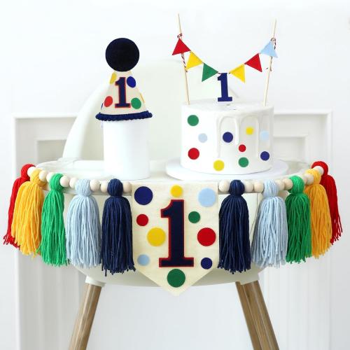 Colourful Rainbow Dot 1st High Chair Banner Conical Cap Primary Colors Cake Topper for Boys Girls Birthday Party Decorations