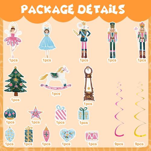 JarThenaAMCS 35Pcs Christmas Nutcracker Hanging Swirls Decoration Watercolor Pink Nutcracker Xmas Cartoon Ceiling Spiral Streamers Ornaments for Home Party Wall Supplies