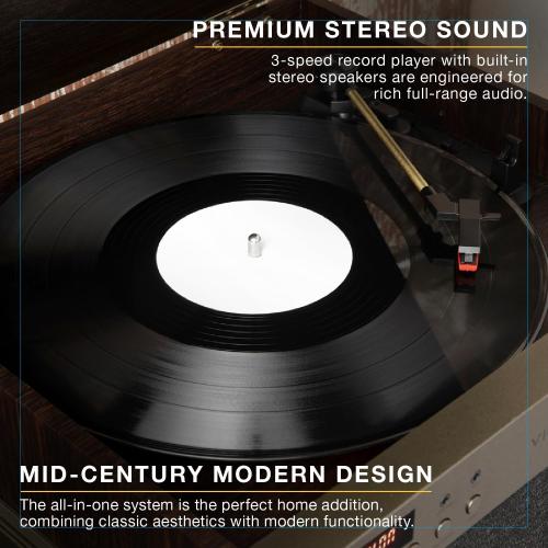 Victrola Century Essential - 5-in-1 Vinyl Record Player & Music Center – 3-Speed Turntable, CD Player, VINYLSTREAM, Bluetooth & 3.5mm Aux, Record Player with Speakers, Mid Century Design (Walnut)