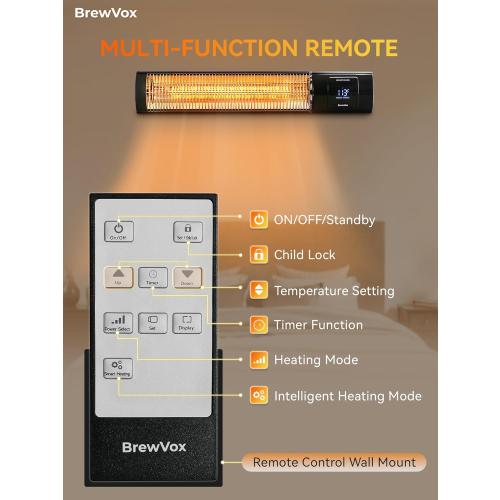 BrewVox 1500W Carbon Infrared Electric Outdoor Patio Heater with Thermostat, Horizontal & Vertical, Smart App-Controlled Scheduling & Remote On/Off, IP65 Weatherproof, Overheat Protection, 24H Timer