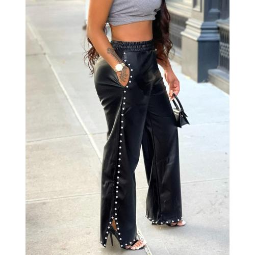 Size L Women's Wide Leg Faux Leather Pants Rivets Pearls Elastic Waist Beggy Trousers with Pockets
