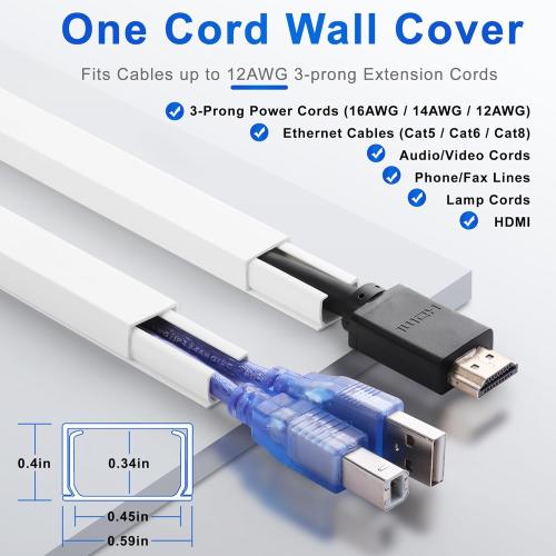 ZhiYo Cord Hider Wall for One Cord, 68in Cord Covers for Wires on Wall, Easy Install Cable Cover Wall, Cable Raceway White Hide Cords, Cable Hider Cord Management Wall, 4X L17in W0.6in H0.4in