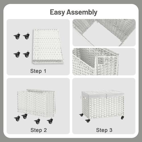 Rolling Storage Basket with Lid, 47.6 Gallon (180L) Storage Bin with Wheels, Woven Rattan Blanket Storage Basket with Handles, Foldable, Metal Frame, Removable Liner for Bedroom, Laundry Room, White