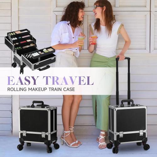 Leeora&Leekoo High-Capacity Multilayer Portable Nail Case for Nail Tech Organizer with Wheels - Lockable Makeup Case Organizer, Cosmetic Case, Makeup Train Case (Black)
