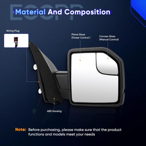 ECCPP Tow Mirror Towing Mirror Compatible With 2015-2020 For Ford For F-150 Pickup With Right Side Power Adjusted Turn Signal Light Temperature Sensor With Black Cap Housing