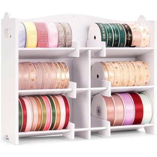 Stackable Small Roll Ribbon Storage Organizer Rack, Wall-Mountable Ribbon Holder Rack for Craft Room, Desktop Ribbon Spool Holder for Ribbons up to 4 in Diameter