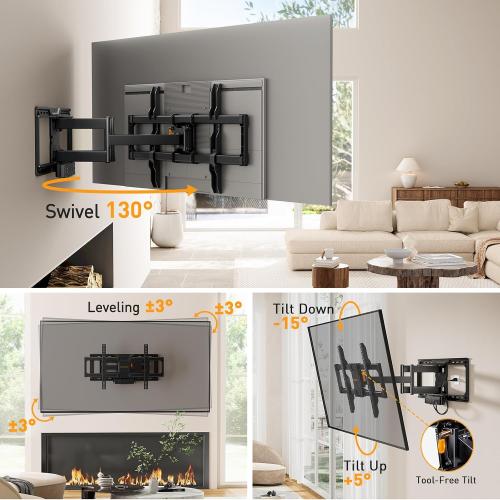 Perlegear Full Motion TV Wall Mount with Power Strip for 42–90 Inch TVs | TV Mount up to 150lbs, Pre-Assembled, USB charging, Smooth Swivel, Tilt, Extension, VESA 600x400mm, 12/16/24 Wood Studs