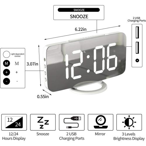 Digital Alarm Clock, Mirror LED Desk Clock with Large Display, White