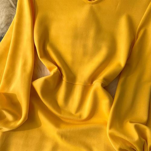 Size XL Color Yellow metamorphosis girl Women Casual Elegant V-Neck Solid Color Dress High Waist Puff Sleeve Ankle-Length Dress