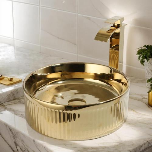 Bathroom Vessel Sink 15 Inch Gold Ceramic Vessel Sink with Waterfall Faucet and Pop-Up Drain Combo,Above Counter Round Bathroom Sink Bowl,Sink for Bathroom