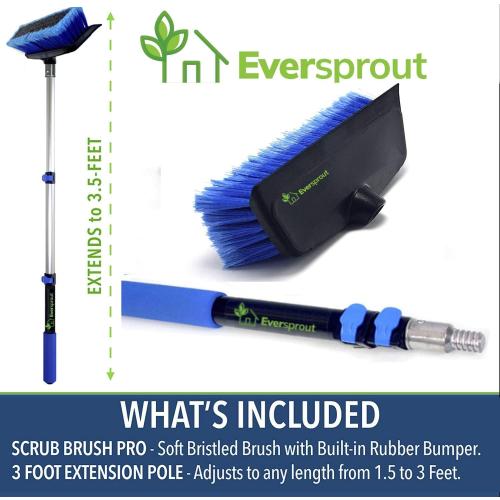 EVERSPROUT Scrub Brush, 1.5 to 3ft Pole, Rubber Bumper, No-Scratch | For Cars, Trucks, RV, Boats, Driveways, Decks, Patios, Decks, House Siding, 8-10ft Standing Reach, Non-Slip Grip, Lightweight