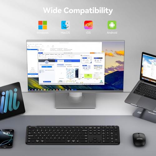 TECKNET Wireless Bluetooth Keyboard and Mouse Combo(2.4G USB   Dual BT), Rechargeable Keyboard Mouse Set, Full Size Quiet Slim Keyboards and Mice for Laptop, PC, iPad, Desktop, Black