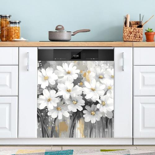 Dishwasher Magnetic Cover White Floral Art Refrigerator Magnetic Cover Magnetic Sticker Dishwasher Door Panel Cover Fridge Appliance Magnetic Sheet Kitchen Art Decor 23x26 inch