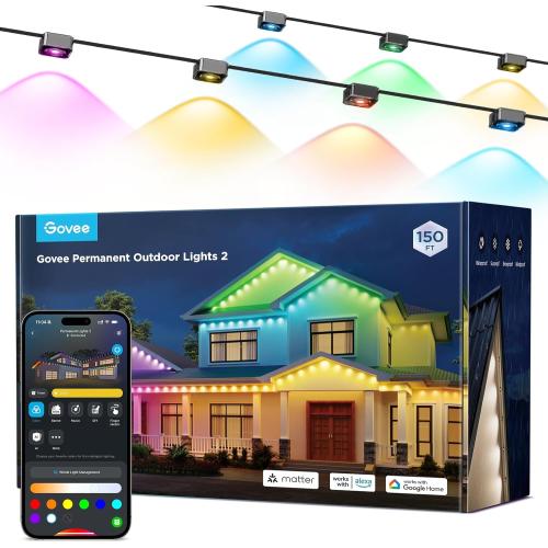 Govee Permanent Outdoor Lights 2, 150ft RGBIC Outdoor Lights with 108 LED Lights, IP67 Waterproof, 100 Scene Modes with 40lm White for Outdoor Decorations, Works with Alexa, Google Assistant, Black