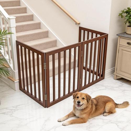 Dog Gate Indoor, Freestanding Dog Fence for The House, Doorways, Hallways,or Stairs,Pet Gate Foldable Wooden,Expandable 32 Height 4 Panels,Brown